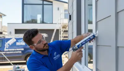 Professional painter sealing home exterior joints in Fresno, CA for weatherproof protection