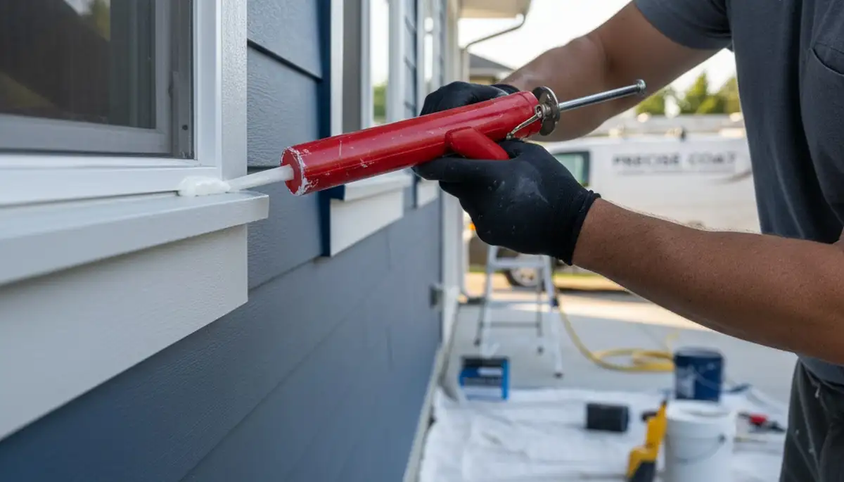 Professional caulking and sealing on Fresno, CA home exterior for weatherproof painting prep