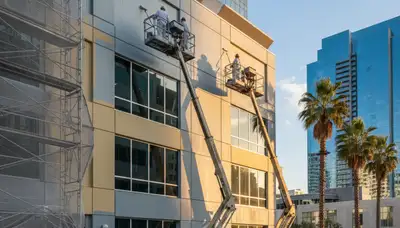 Professional commercial painters working on business exterior in Fresno, CA