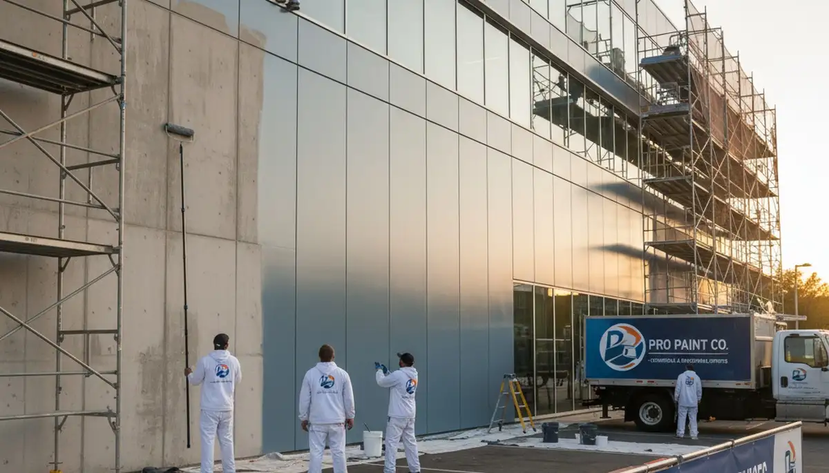 Professional commercial painters working on office exterior in Fresno, CA