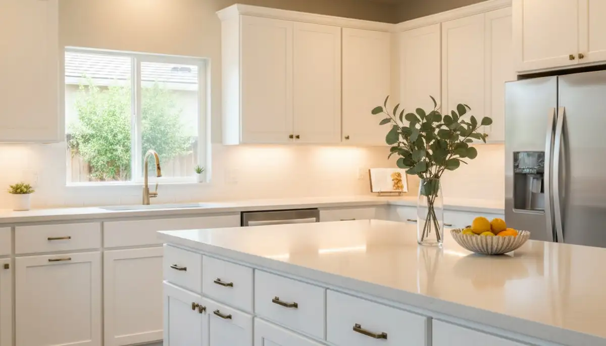 Refinished kitchen cabinets with smooth modern finish by house painters in Fresno, CA