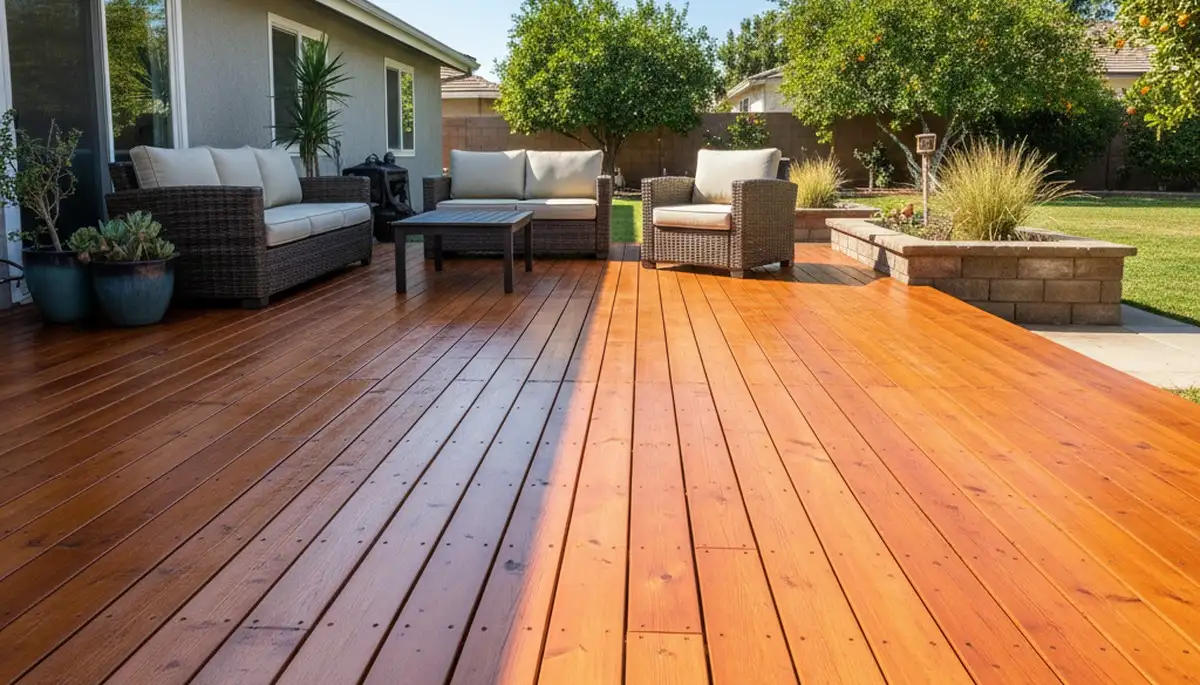 Finished deck staining in Fresno, CA showing rich wood tones and weather-protective professional finish