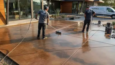 Professional concrete staining on patio floor in Fresno, CA by expert house painters