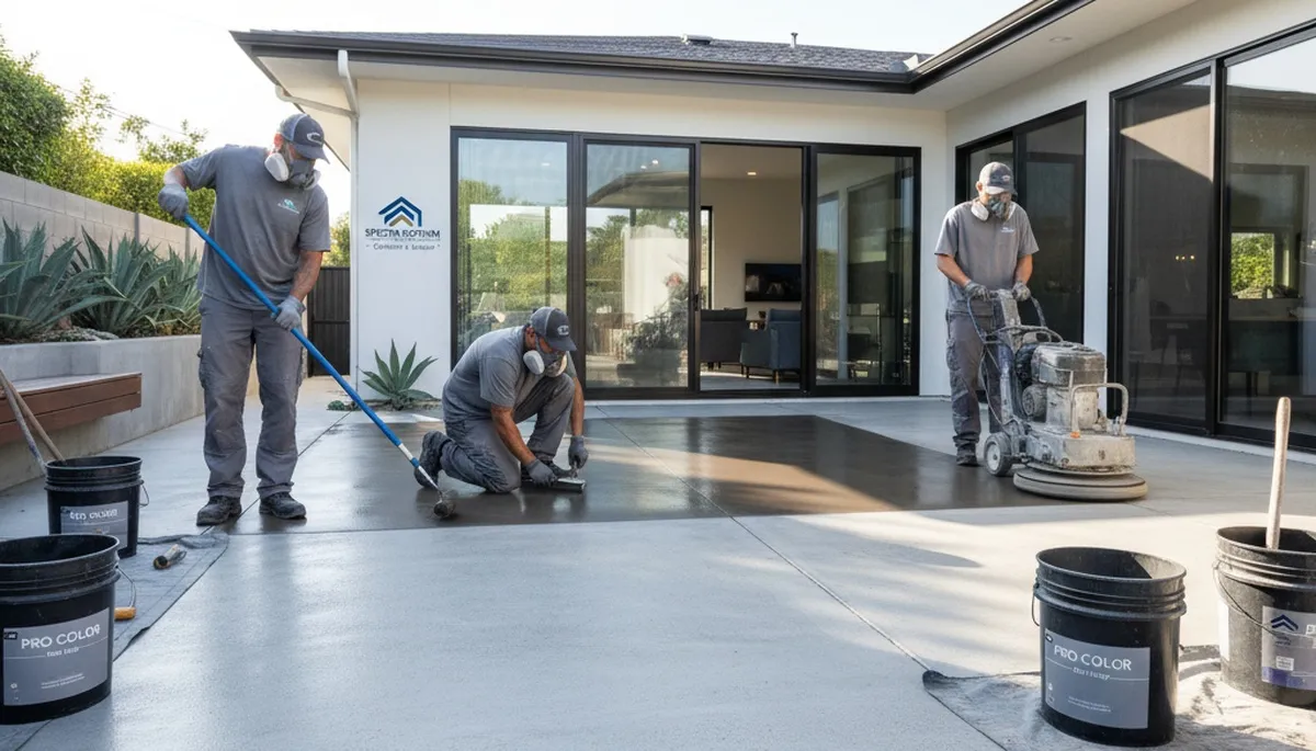 Professional concrete staining on residential patio in Fresno, CA for durable outdoor floor finish