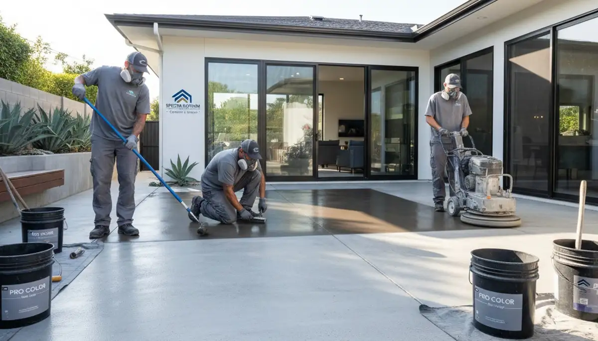 Professional concrete staining on residential patio in Fresno, CA for durable outdoor floor finish