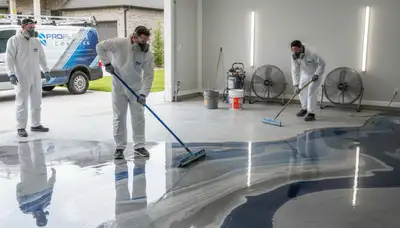 Epoxy floor coating in Fresno, CA garage with durable, glossy finish applied by local painting pros