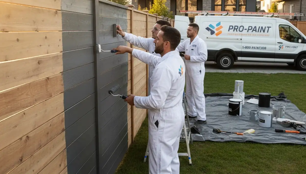 Professional fence painters applying protective coat in Fresno, CA backyard