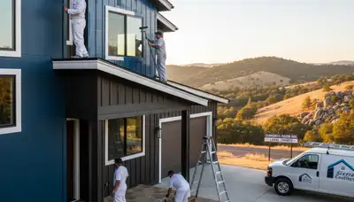 Professional house painters working on residential exterior in Fresno, CA