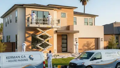 Professional house painters in Fresno CA applying exterior paint to a modern home façade