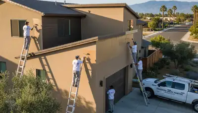 Professional house painters in Fresno CA applying exterior paint on a residential home façade