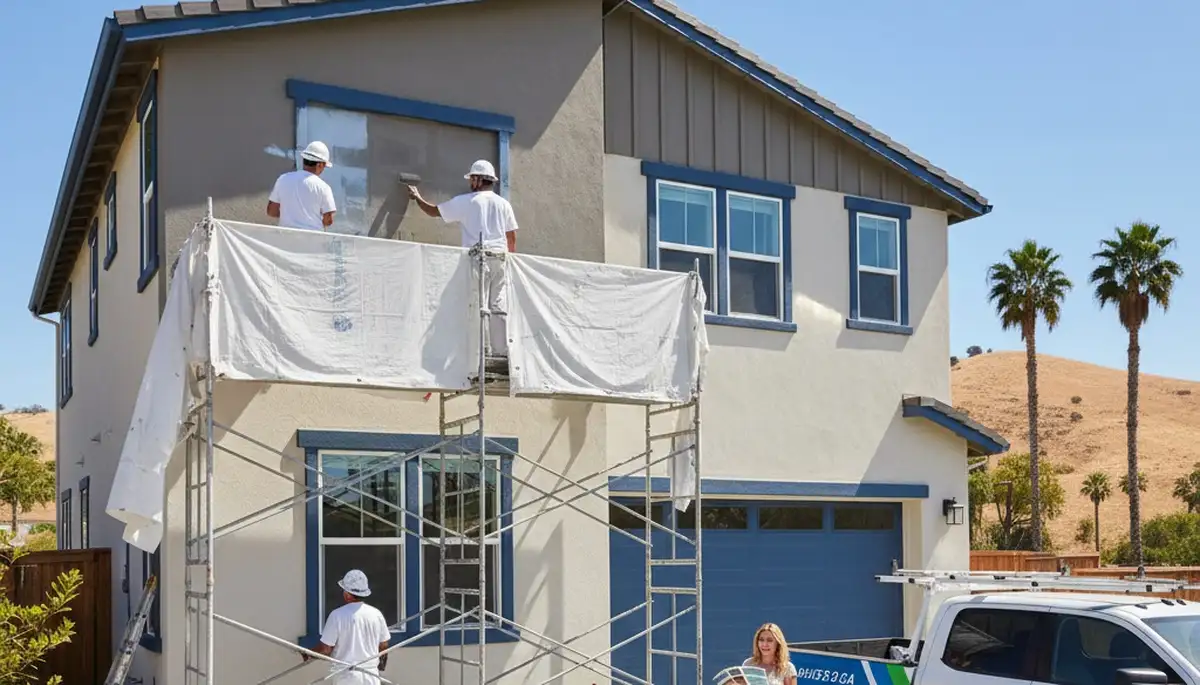 Professional house painters working on residential exterior in Fresno, CA
