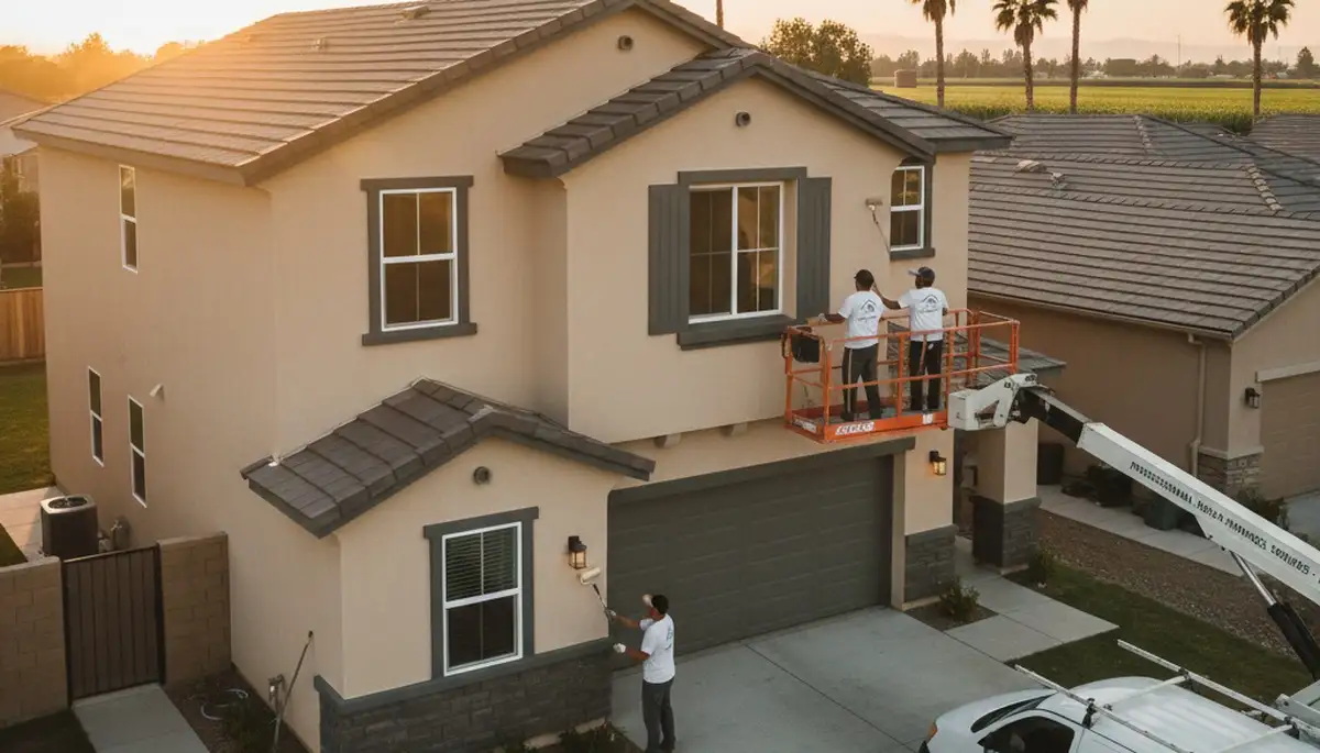 Professional house painters working on residential exterior in Fresno, CA