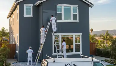 Professional house painters working on exterior home repaint in Fresno, CA