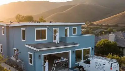 Professional house painters working on residential exterior in Fresno, CA