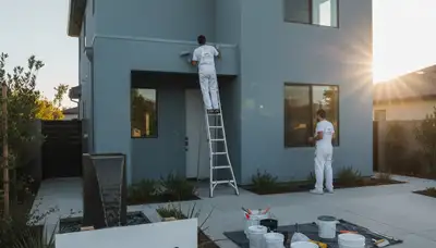 Professional house painters working on residential exterior in Fresno, CA