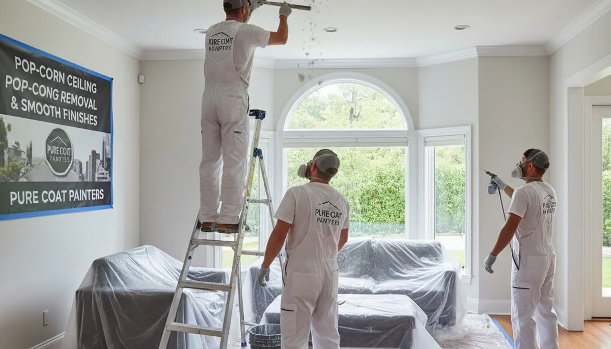 Painter removing popcorn ceiling in Fresno, CA home for smooth modern finish by local painting experts