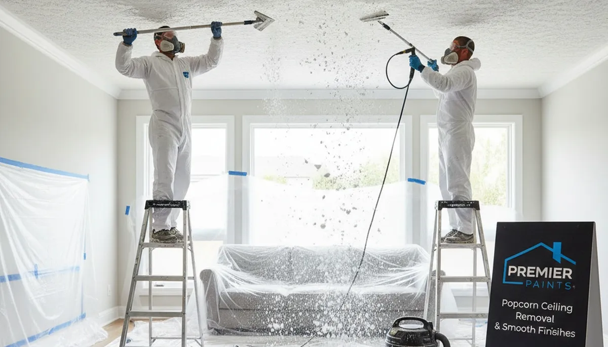 Professional popcorn ceiling removal in Fresno, CA by expert house painters transforming interiors