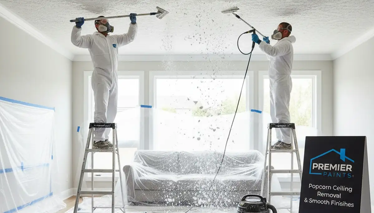 Professional popcorn ceiling removal in Fresno, CA by expert house painters transforming interiors