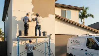 Professional stucco repair on Fresno, CA home exterior by expert house painters restoring wall finish