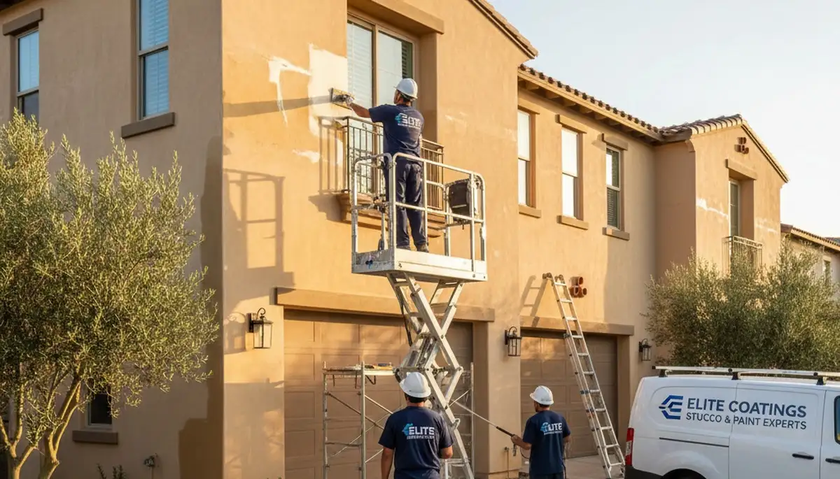 Professional stucco repair on Fresno, CA home exterior by expert house painters restoring smooth finish