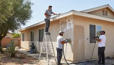 Fresno CA painters sanding exterior walls for paint prep, ensuring durable home finish